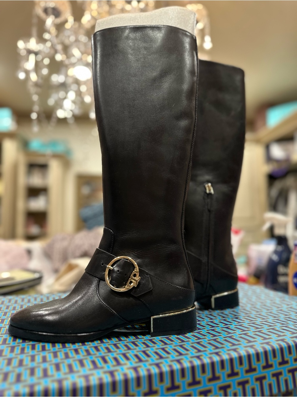 Tory Burch Black Leather Knee-High Boots with Gold Buckle Detail